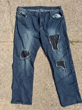 Dark Blue Straight Jeans with Lace Patch Details